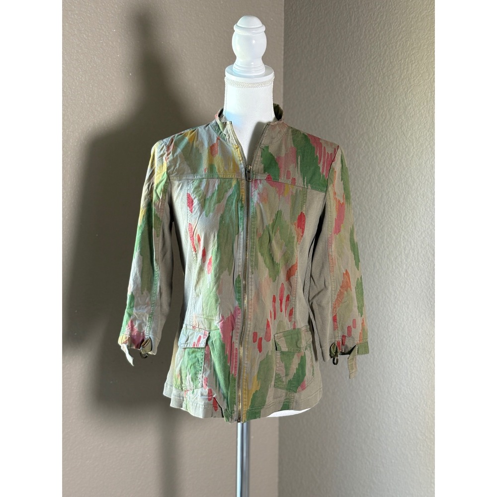 Chico's Zenergy Women 0 Small‎ Abstract Ikat Print Full Zip Mock Neck Jacket Tan